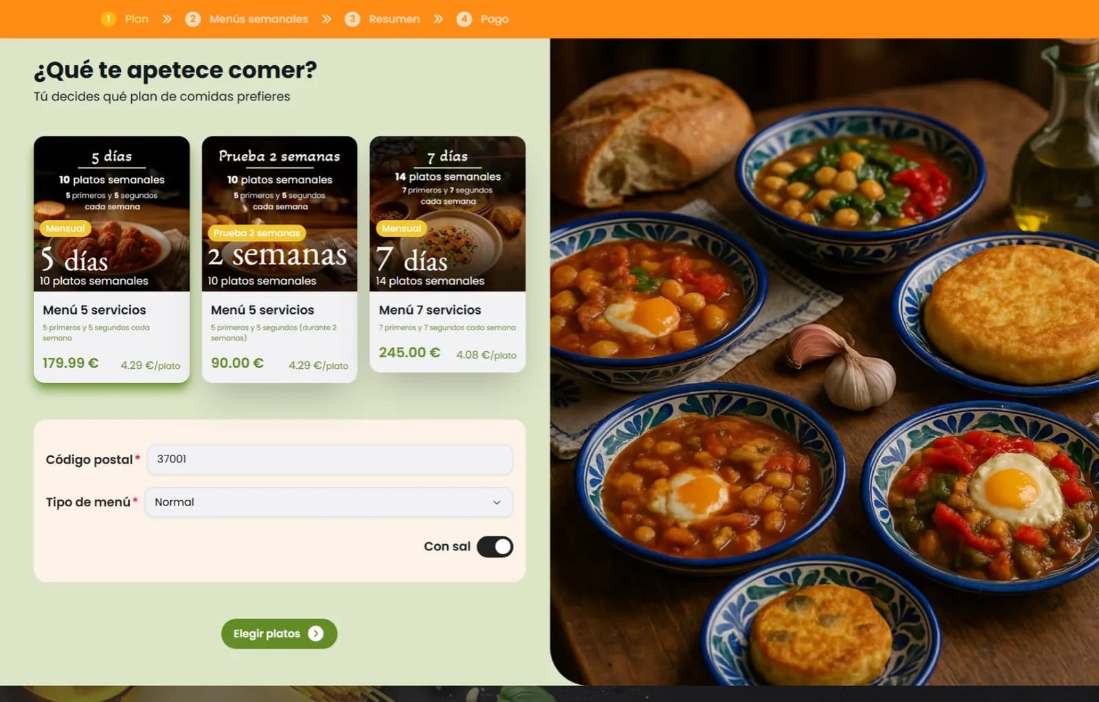 Comidas Bracamonte subscription plan selector with postal-code configuration.