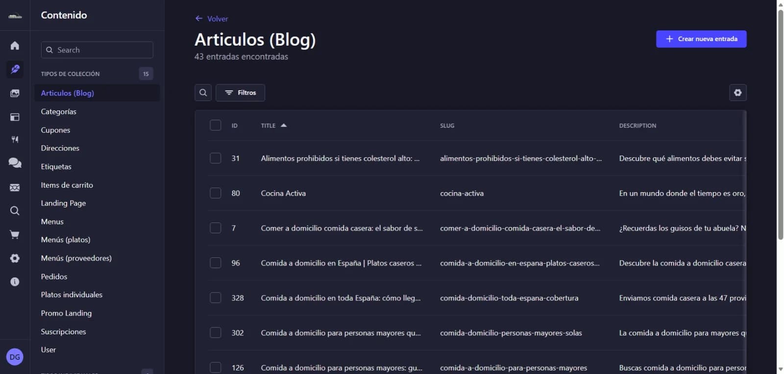 Strapi Content Manager used to operate Comidas Bracamonte.