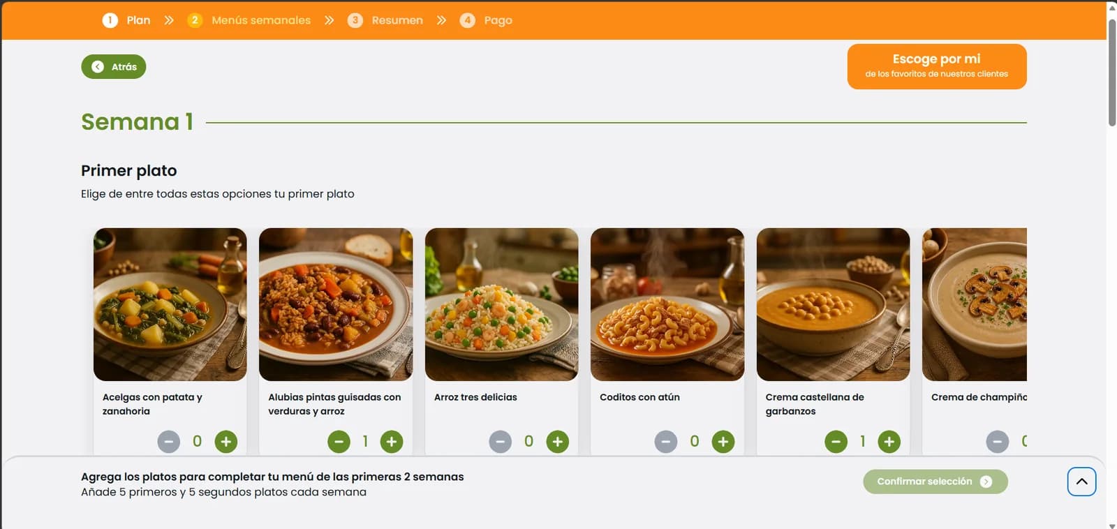 Weekly meal-selection interface for a Comidas Bracamonte subscription.