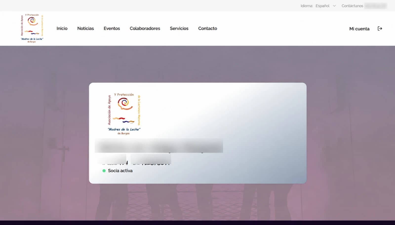 Redacted digital membership card in the Madres de la Leche platform.