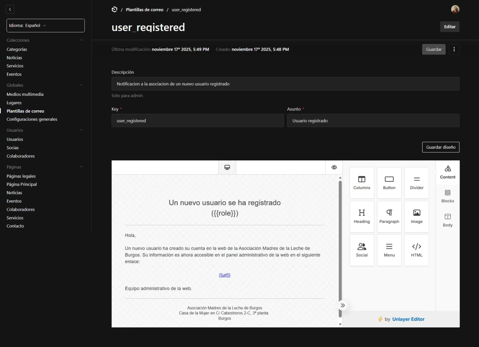 Visual email-template editor integrated into the Payload administration interface.