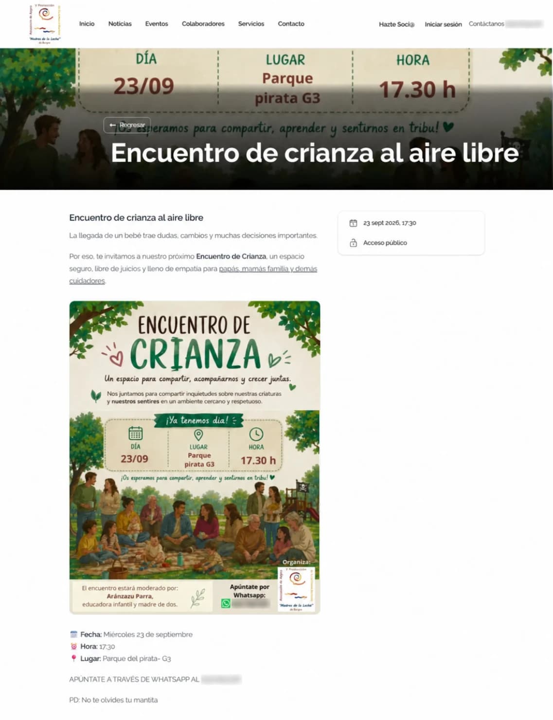 Public Madres de la Leche event detail page.