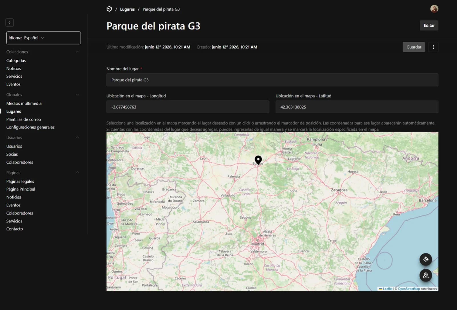Custom Leaflet map field embedded in the Payload administration interface.
