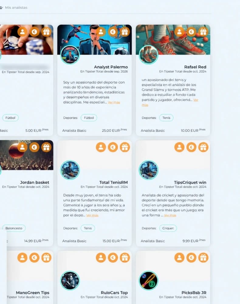 Tipstertotal analyst marketplace showing multiple analyst subscription profiles.
