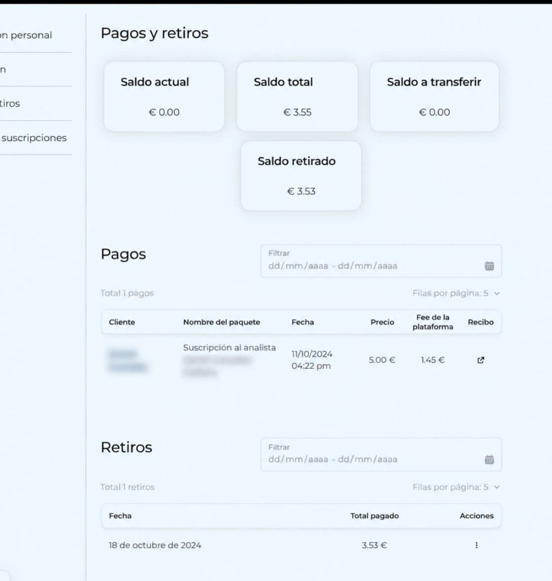 Tipstertotal analyst balance, payments and withdrawals interface.